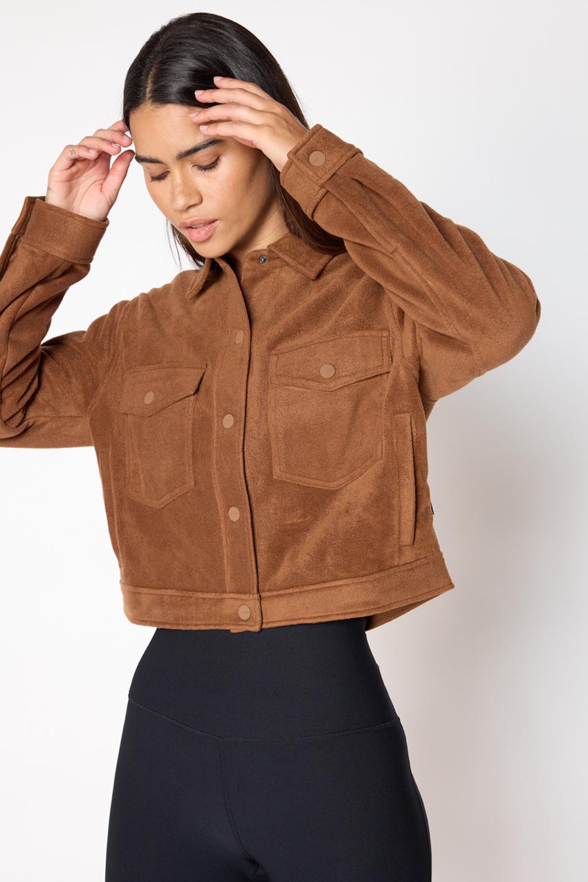 MPG Sport Elevate Fleece Cropped Shirt Jacket  in Dark Camel