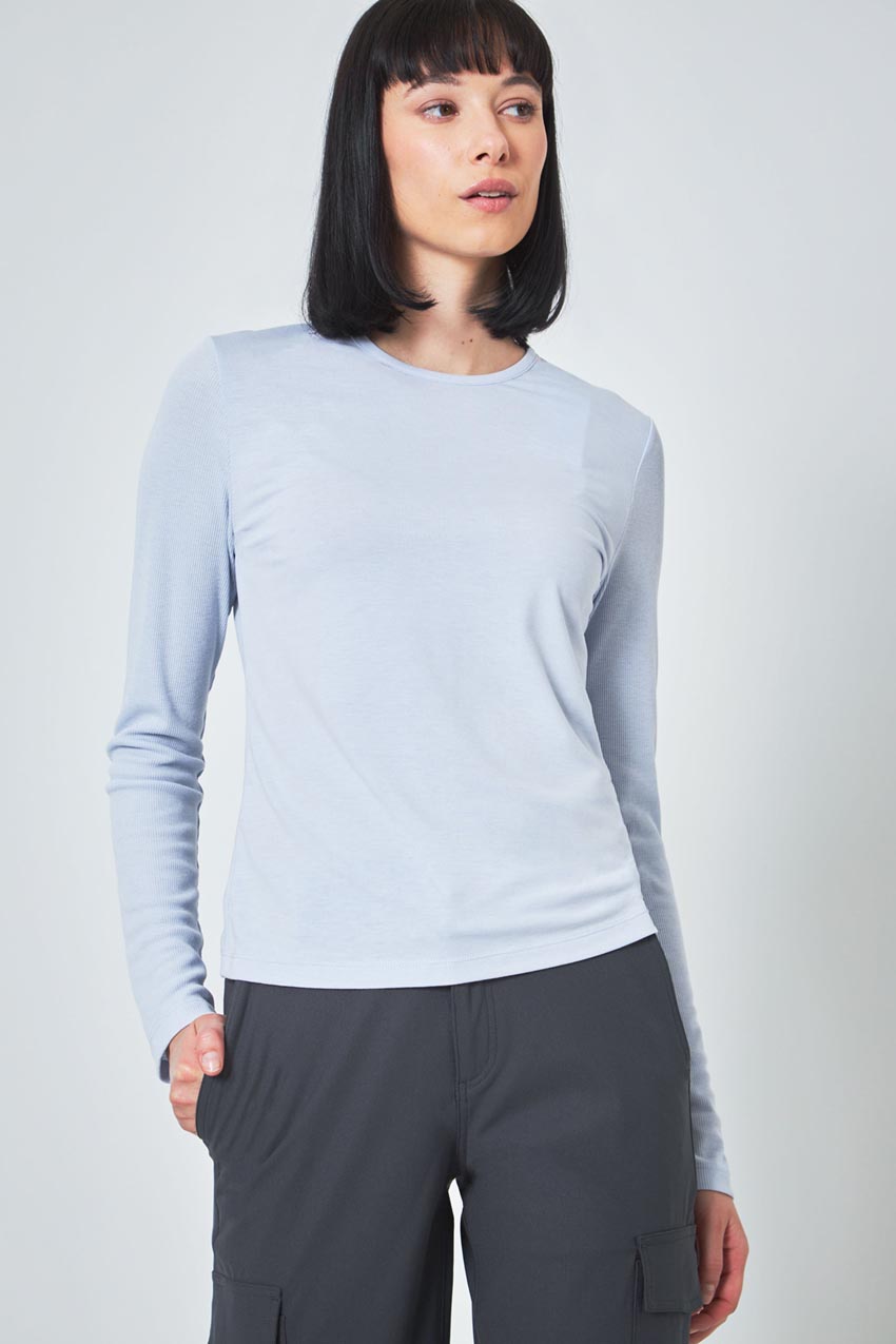 Modern Ambition Expression Long Sleeve Crew Neck Mixed Media Top in Halogen Blue