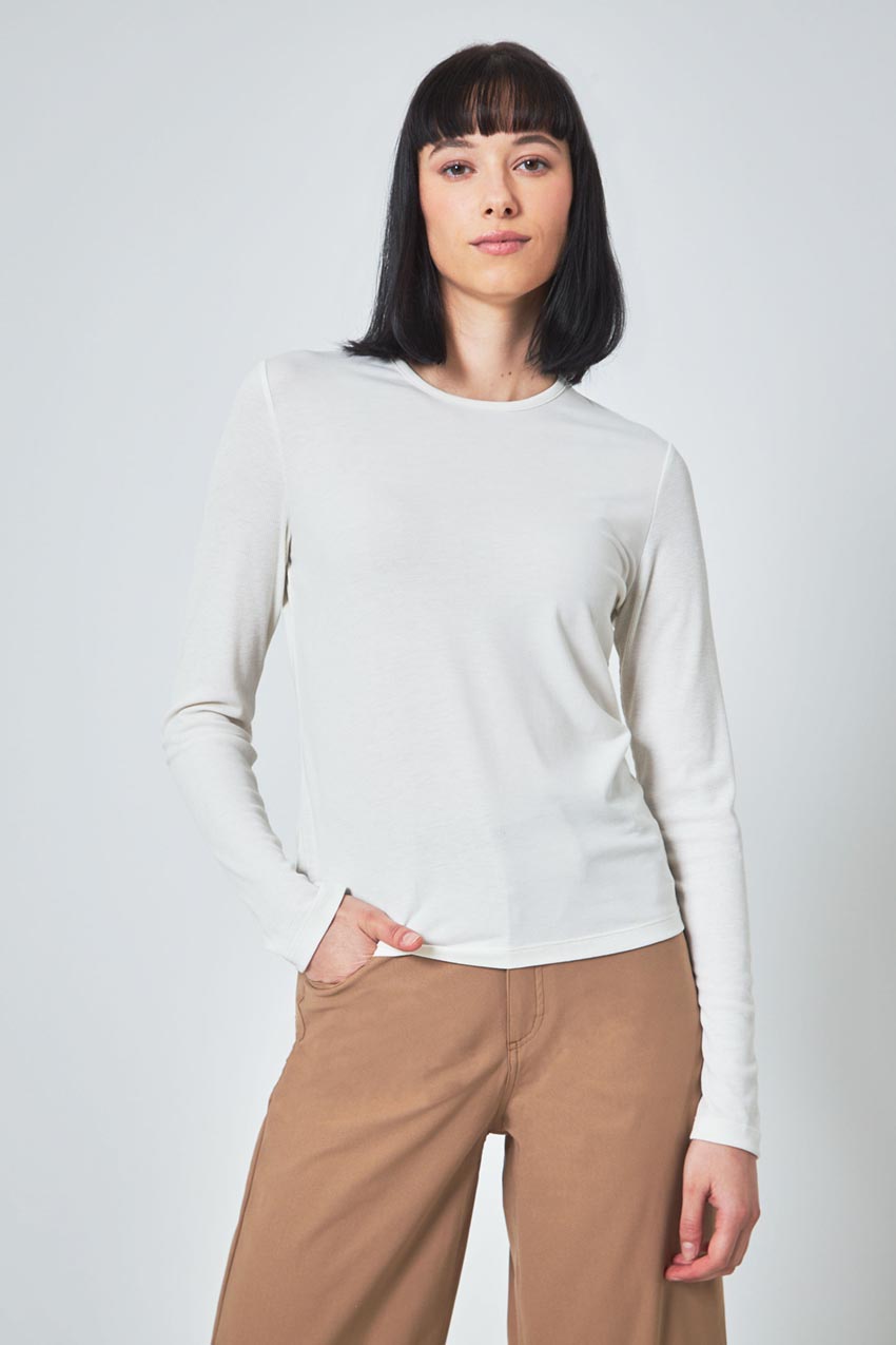 Modern Ambition Expression Long Sleeve Crew Neck Mixed Media Top in Coconut Milk