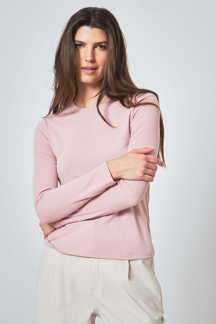 Modern Ambition Expression Long Sleeve Crew Neck Mixed Media Top in Pale Mauve