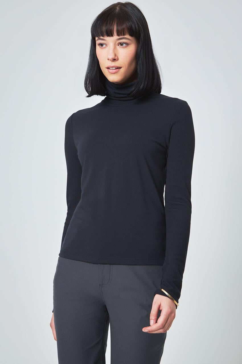 Modern Ambition Expression Long Sleeve Turtle Neck Mixed Media Top in Black