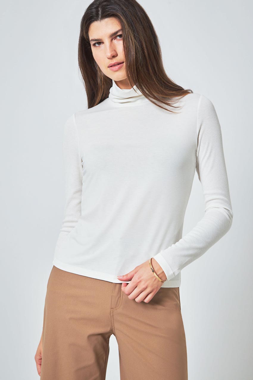 Modern Ambition Expression Long Sleeve Turtle Neck Mixed Media Top in Coconut Milk