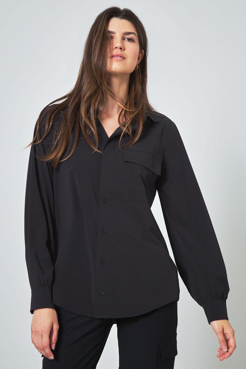 Modern Ambition Resource Relaxed Blouse with Pleated Sleeve Cuff Detail in Black