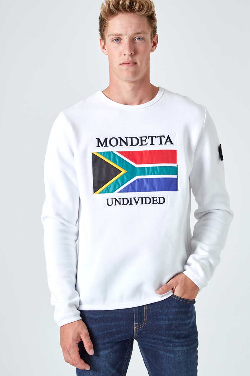 Mondetta Originals retro unisex streetwear 'Homage Classic Fit Sweatshirt - South Africa' Homage Classic Fit Sweatshirt - South Africa, in White