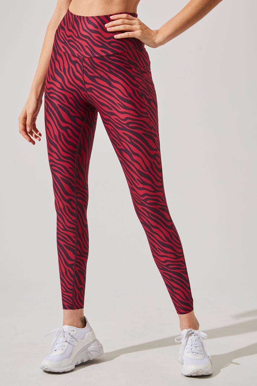 MPG Sport women's Score Recycled Polyester Zebra Print High Waisted 7/8 Legging in Zebra Plum/Rumba Red