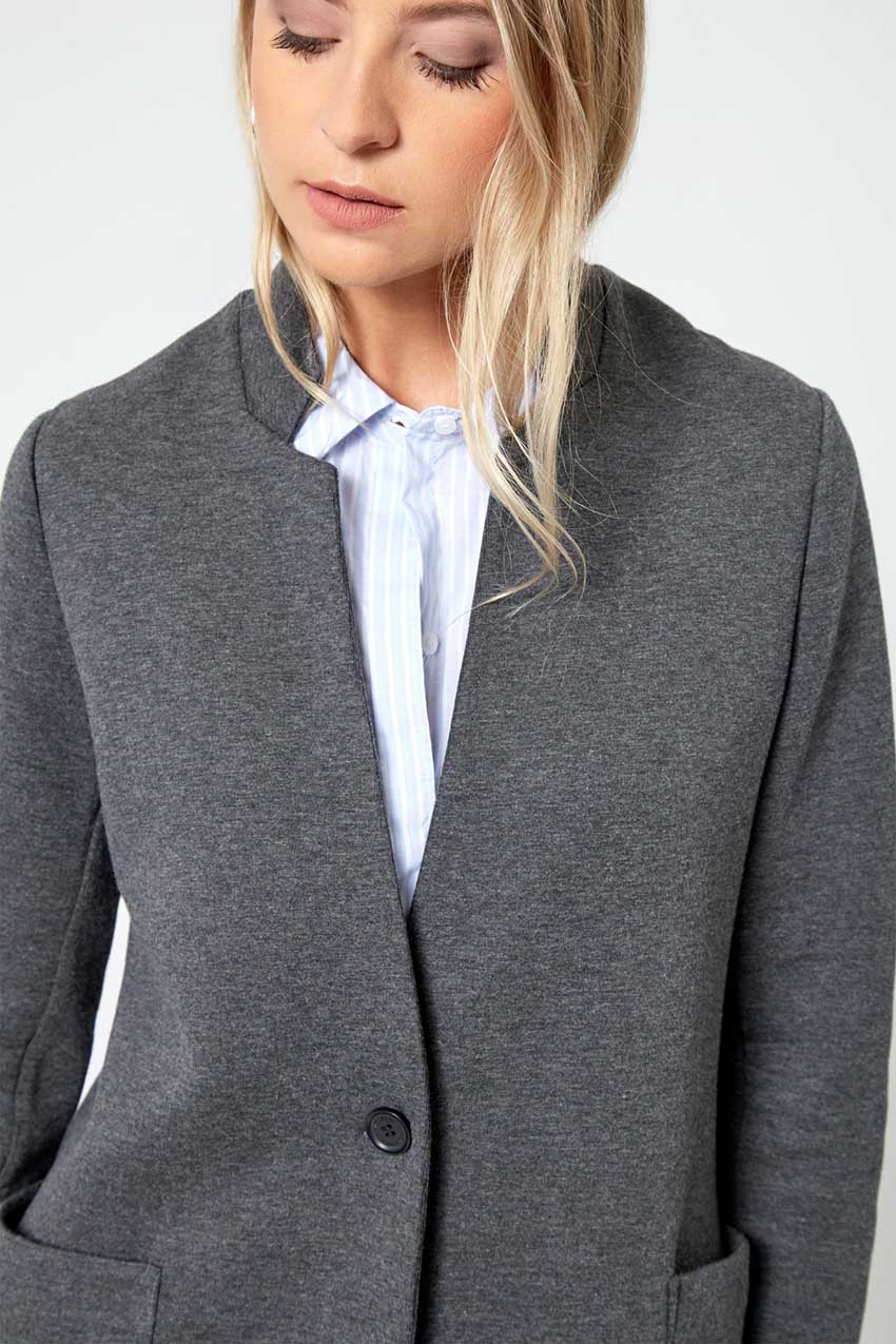 Modern Ambition work-ready women's Continental Long Jacket in Htr Charcoal