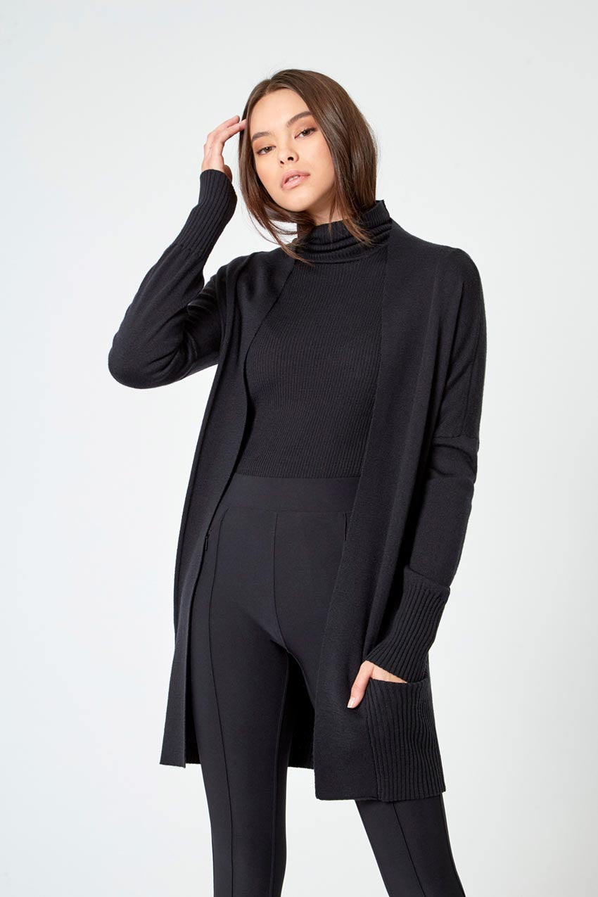 Modern Ambition work-ready women's Establish Sustainable Merino Wool Open Front Cardigan in Black