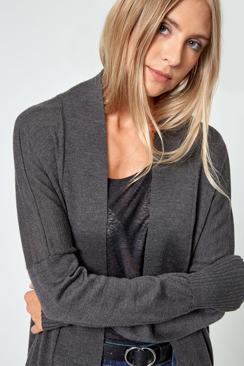 Modern Ambition work-ready women's Establish Sustainable Merino Wool Open Front Cardigan in Htr Charcoal