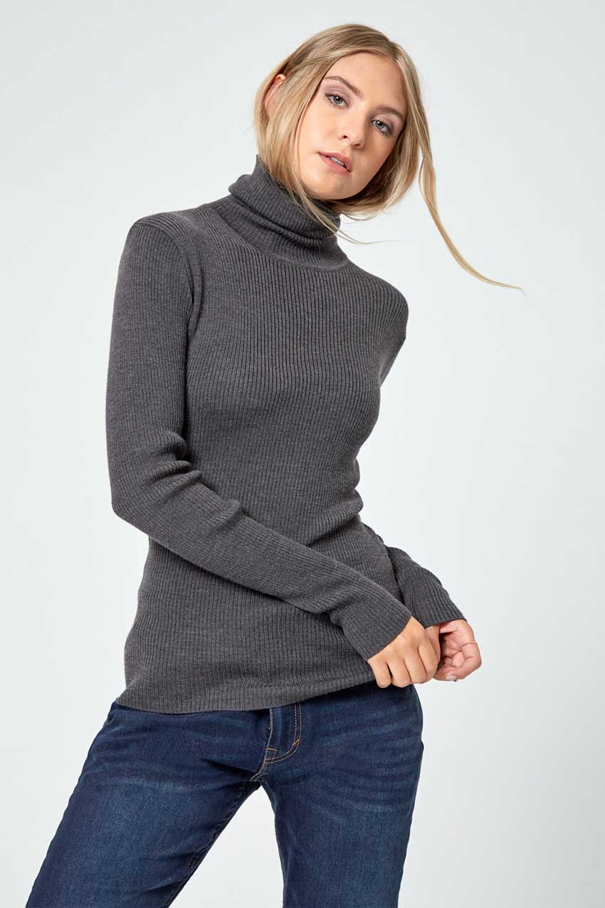 Modern Ambition work-ready women's Optimist Sustainable Merino Mock Neck Sweater in Htr Charcoal